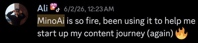 Original community post by Ali: MinoAi is so fire, been using it to help me start up my content journey (again)