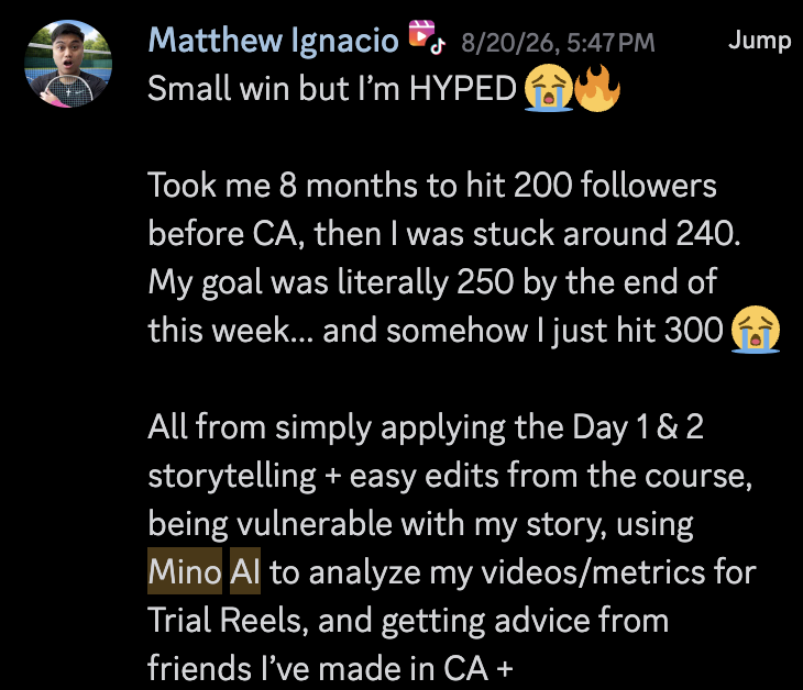Original community post by Matthew Ignacio: using Mino AI to analyze my videos/metrics for Trial Reels, and getting advice from friends I’ve made in CA